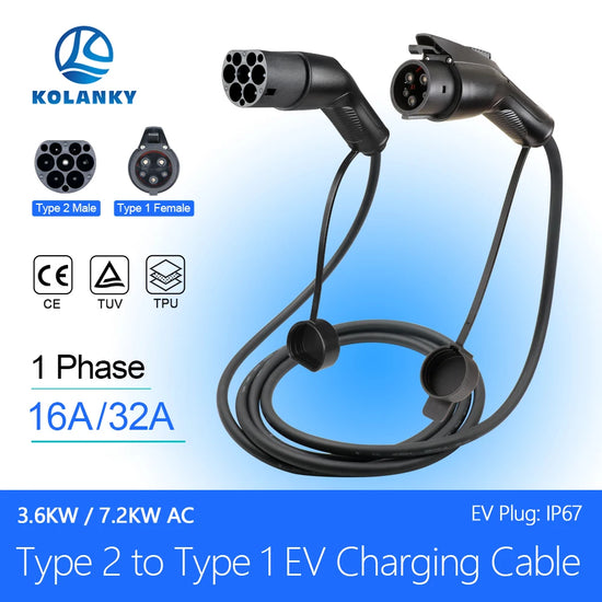 Kolanky 32A 7.2KW EV Charging Cable Type2 To Type1 Cable For Electric Vehicle Cars 3.5/4M Use Public Charging Stations
