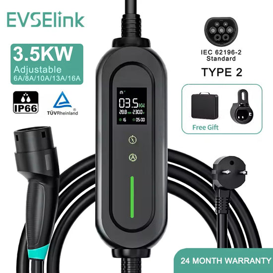EVSELink 3.5KW 16A Type 2 Portable EV Charger with LCD Screen (5M Cable)