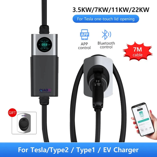 Type 2 EV Wallbox 3.5–22KW with Bluetooth & App Control (7M Cable)