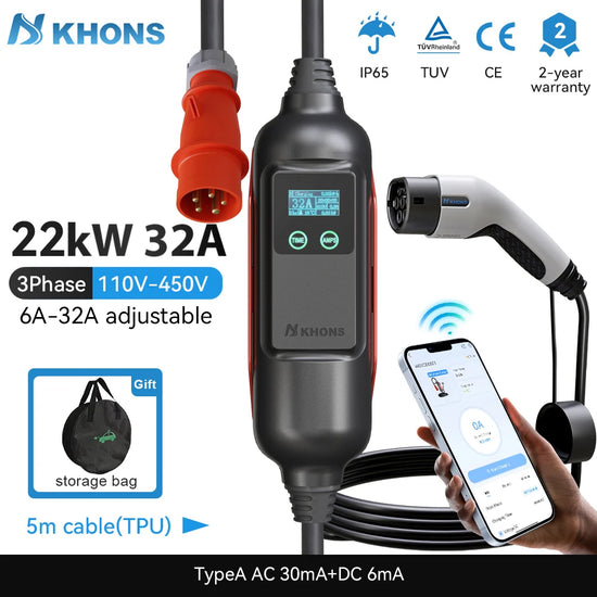 KHONS 22KW 32A 3-Phase Portable EV Charger Type 2 with WiFi & App (5M Cable)