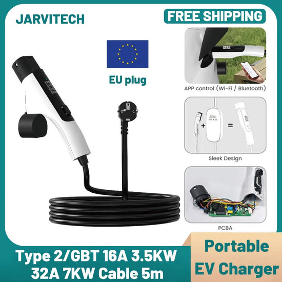 JARVITECH Portable EV Charger 3.5–7KW Type 2 with App Control (5M Cable)